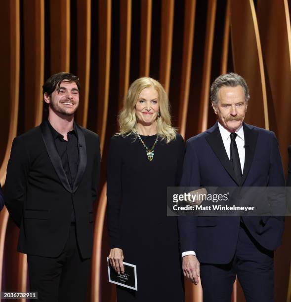 Mitte, Anna Gunn, and Bryan Cranston speak onstage during the 30th Annual Screen Actors Guild Awards at Shrine Auditorium and Expo Hall on February...