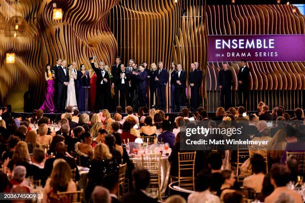 The cast of “Succession” accept the Outstanding Performance by an Ensemble in a Drama Series award onstage during the 30th Annual Screen Actors Guild...
