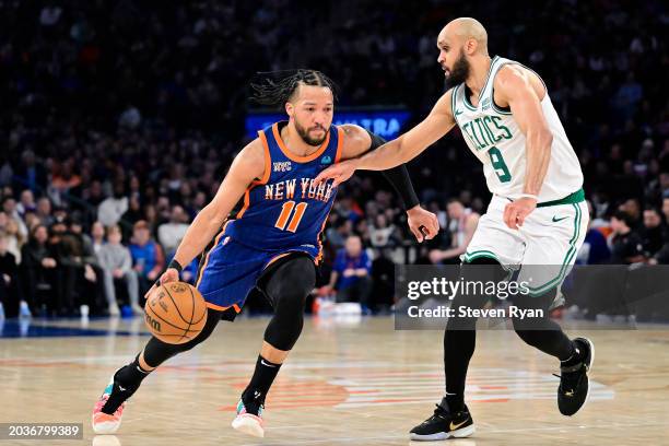 Jalen Brunson of the New York Knicks is defended by Derrick White of the Boston Celtics during the second half at Madison Square Garden on February...