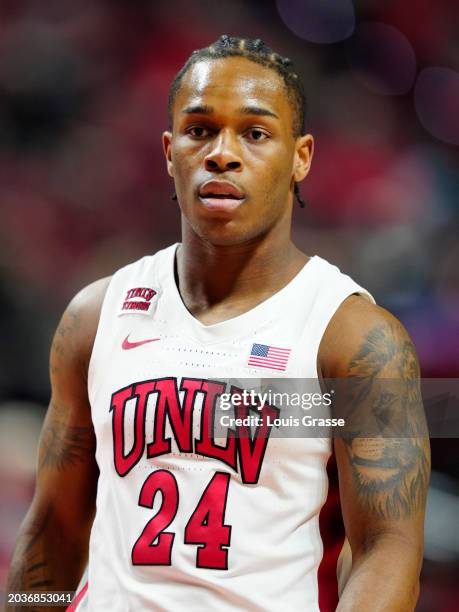 Jackie Johnson III of the UNLV Rebels looks on in the first half of a game against the Colorado State Rams at the Thomas & Mack Center on February...