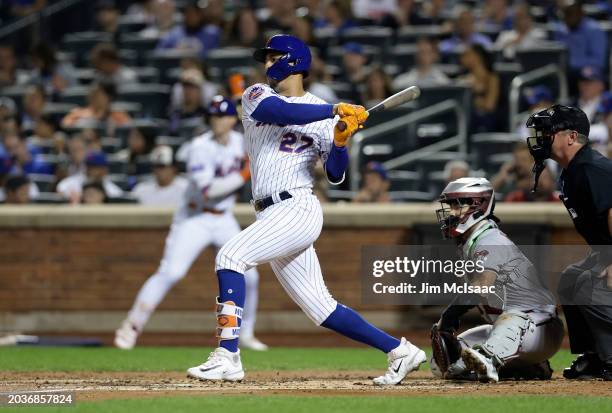 Mark Vientos of the New York Mets in action against the Arizona Diamondbacks at Citi Field on September 12, 2023 in New York City. The Mets defeated...