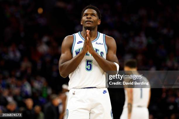 Anthony Edwards of the Minnesota Timberwolves reacts against the Brooklyn Nets in the third quarter at Target Center on February 24, 2024 in...