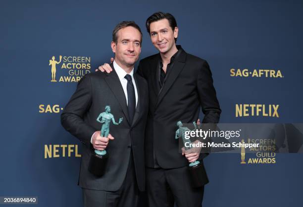 Matthew Macfadyen and Nicholas Braun, winners of the Outstanding Performance by an Ensemble in a Drama Series award for 'Succession' pose in the...