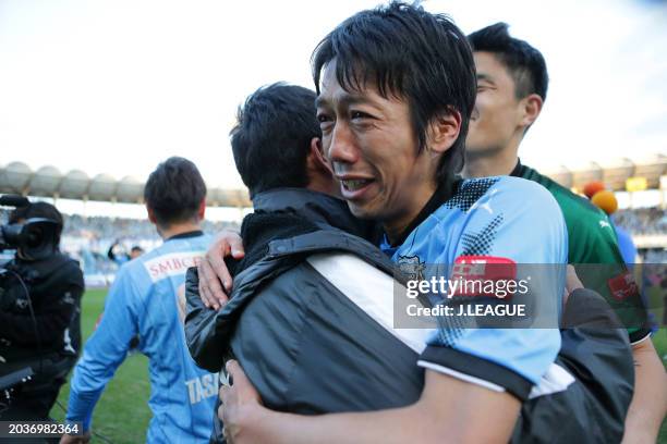 Kengo Nakamura of Kawasaki Frontale celebrates the J.League J1 season champions following the 5-0 victory in the J.League J1 match between Kawasaki...