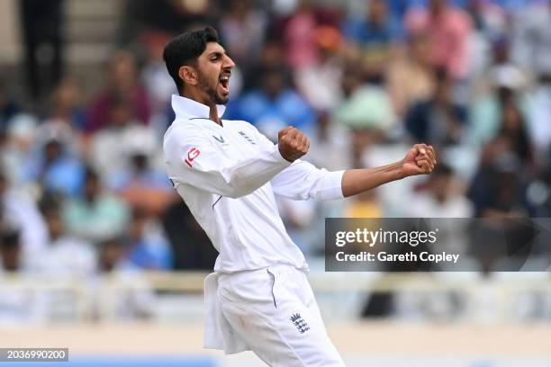Shoaib Bashir of England celebrates dismissing Akash Deep of India during day three of the 4th Test Match between India and England at JSCA...