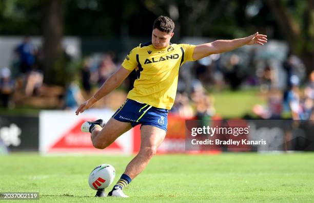 Mitchell Moses of the Eels kicks the ball during the warm up before the NRL Pre-season challenge match between Gold Coast Titans and Parramatta Eels...