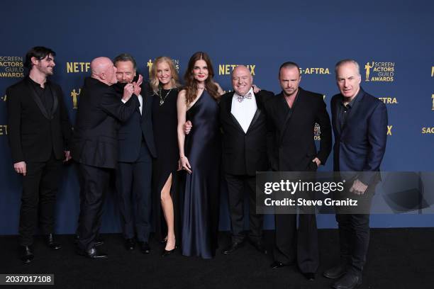 The cast of Breaking Bad RJ Mitte, Jonathan Banks, Bryan Cranston, Anna Gunn, Betsy Brandt, Dean Norris, Aaron Paul and Bob Odenkirk poses at the...