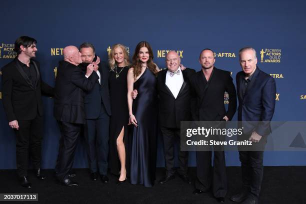 The cast of Breaking Bad RJ Mitte, Jonathan Banks, Bryan Cranston, Anna Gunn, Betsy Brandt, Dean Norris, Aaron Paul and Bob Odenkirk poses at the...