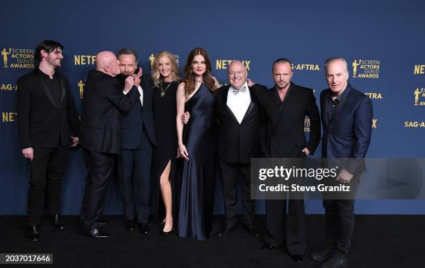 The cast of Breaking Bad RJ Mitte, Jonathan Banks, Bryan Cranston, Anna Gunn, Betsy Brandt, Dean Norris, Aaron Paul and Bob Odenkirk poses at the...