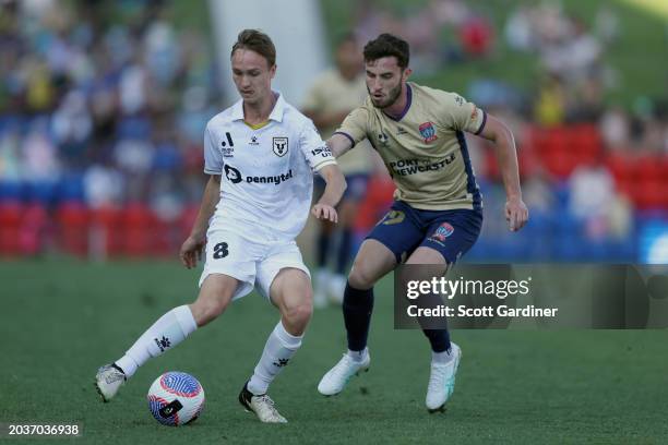 Thomas Aquilina of the Jets competes for the ball with bf during the A-League Men round 18 match between Newcastle Jets and Macarthur FC at McDonald...