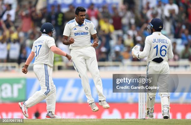 Ravichandran Ashwin of India celebrates dismissing Ollie Pope of England during day three of the 4th Test Match between India and England at JSCA...