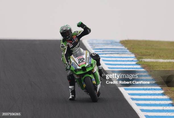 Alex Lowes of Great Britain and Kawasaki Racing Team celebrates aftwer winning race two of the World Superbikes Championship at Phillip Island Grand...