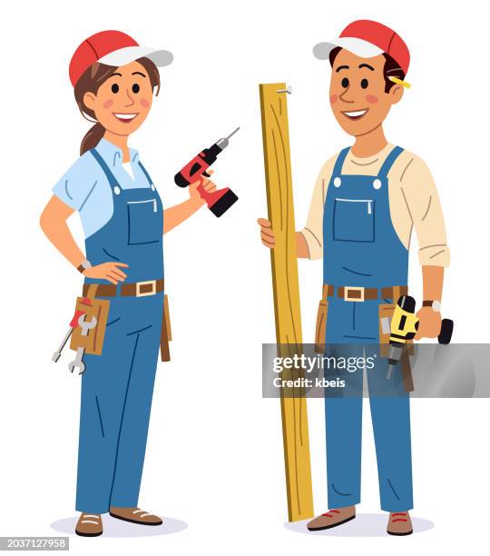 young man and woman with drills - handyman overalls stock illustrations