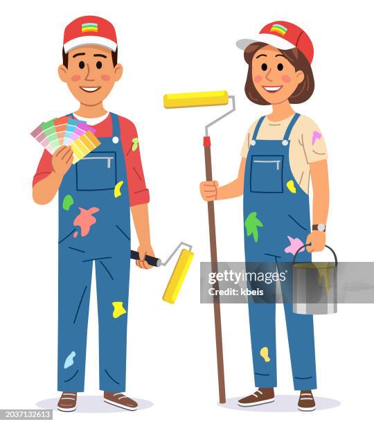 stockillustraties, clipart, cartoons en iconen met male and female painters with paint rollers - tuinbroek