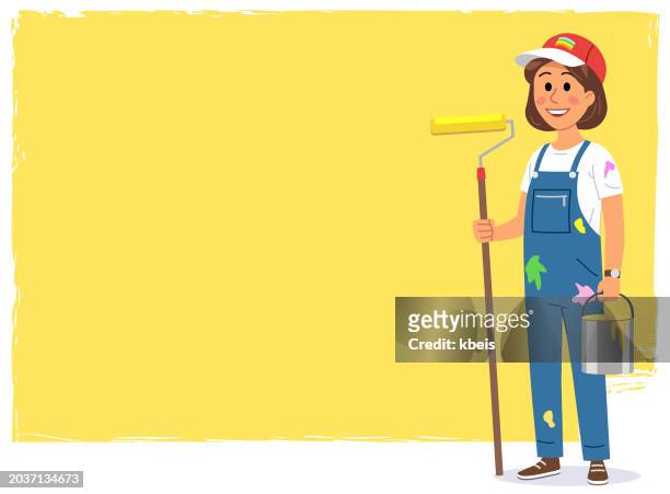 female painter in front of a wall - handyman overalls stock illustrations