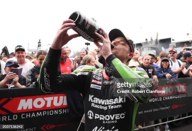Alex Lowes of Great Britain and Kawasaki Racing Team celebrates after winning race two of the World Superbikes Championship at Phillip Island Grand...