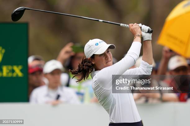 Albane Valenzuela of Switzerland plays a tee shot during the final round of the Honda LPGA Thailand at Siam Country Club on February 25, 2024 in Chon...