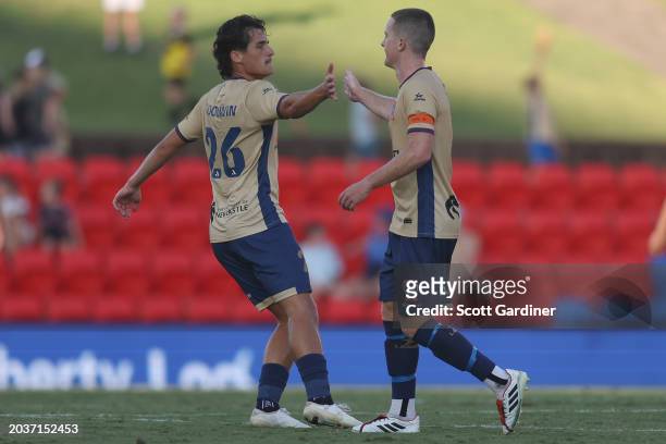 Archie Goodwin of the Jets celebrates his goal with Brandon O'Neill of the Jets during the A-League Men round 18 match between Newcastle Jets and...