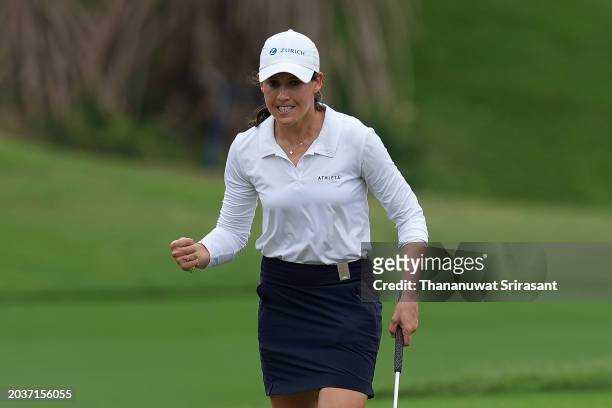 Albane Valenzuela of Switzerland celebrates making a putt during the final round of the Honda LPGA Thailand at Siam Country Club on February 25, 2024...