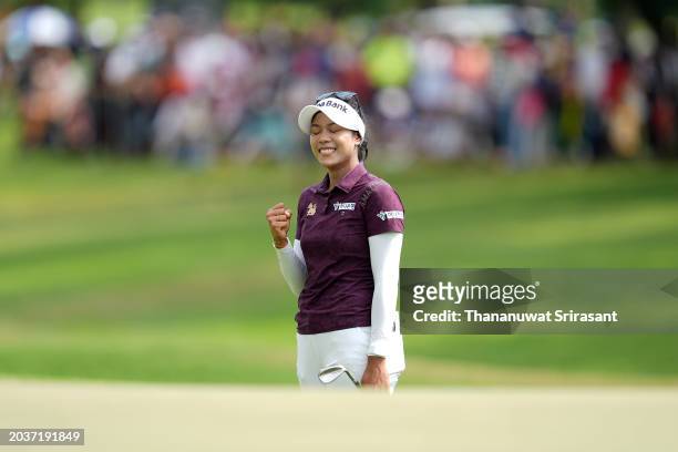 Patty Tavatanakit of Thailand celebrates victory during the final round of the Honda LPGA Thailand at Siam Country Club on February 25, 2024 in Chon...