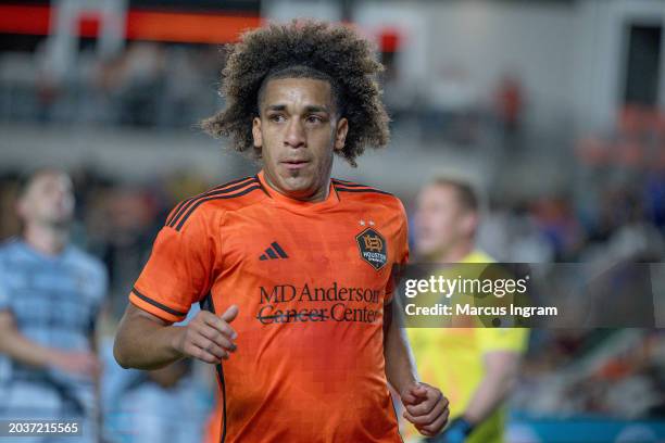 Adalberto Carrasquilla of Houston Dynamo FC looks on during the MLS match between Sporting KC and Houston Dynamo at Shell Energy Stadium on February...