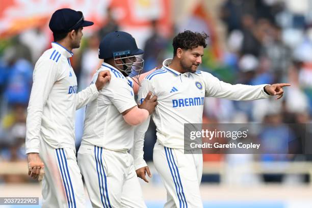 Kuldeep Yadav of India celebrates dismissing Zak Crawley of England during day three of the 4th Test Match between India and England at JSCA...