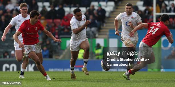 England A's Max Ojomoh and Portugal's Vasco Leita during the rugby international match between England A and Portugal at Mattioli Woods Welford Road...