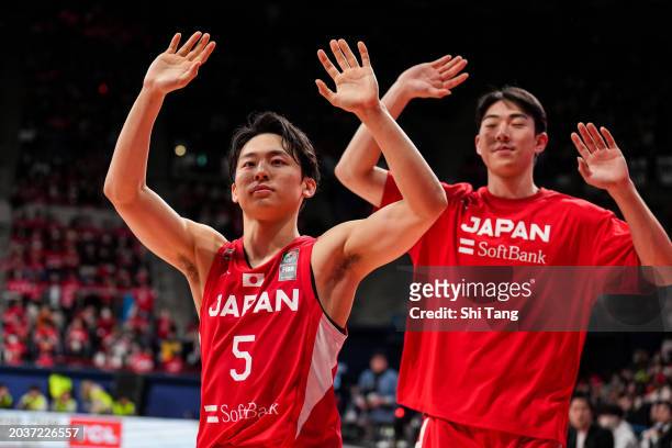 Yuki Kawamura of Japan greets the fans after the winning the match against Team China during the FIBA Asia Cup qualifier Group C game between Japan...