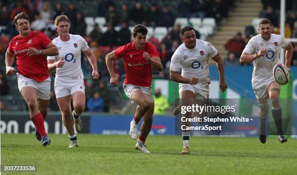 England A's Max Ojomoh and Portugal's Vasco Leita during the rugby international match between England A and Portugal at Mattioli Woods Welford Road...