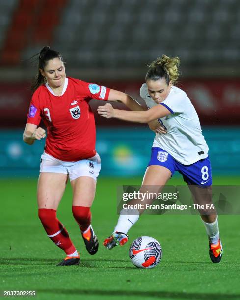 Sarah Zadrazil of Austria battles for possession with Grace Clinton of England during the Women's international friendly match between England and...