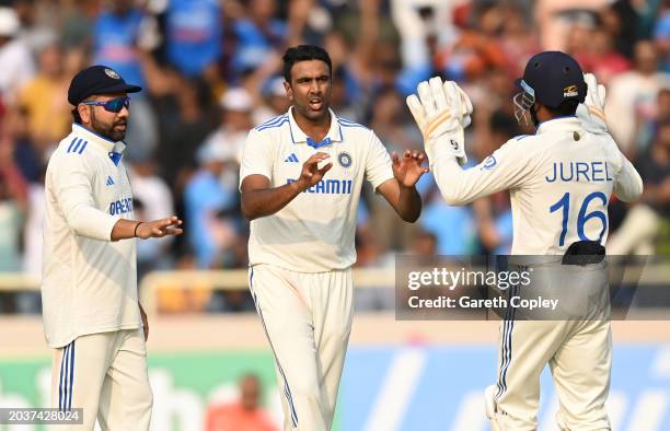 Ravichandran Ashwin of India celebrates dismissing James Anderson of England during day three of the 4th Test Match between India and England at JSCA...