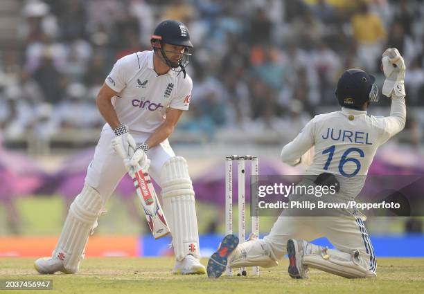 James Anderson of England watches as he is caught by Dhruv Jurel during day three of the 4th Test Match between India and England at JSCA...