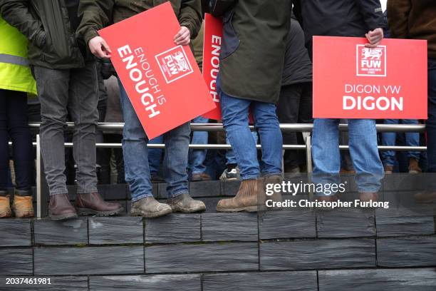 Protesters holding placards gather outside the Senedd on February 28, 2024 in Cardiff, Wales. Following peaceful demonstrations in Wrexham, Rhyl, Old...