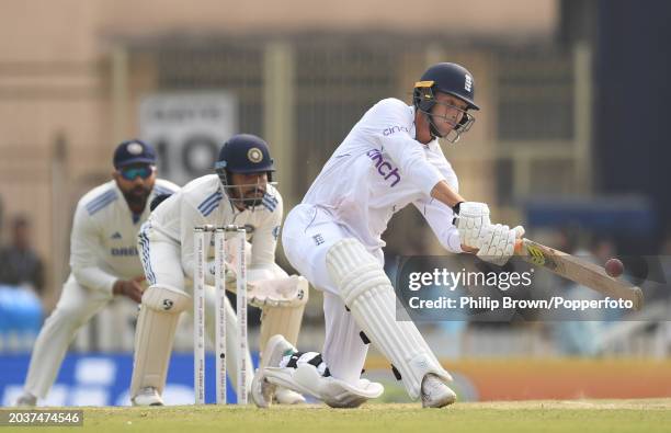 Tom Hartley of England hits the ball in the air and is caught during day three of the 4th Test Match between India and England at JSCA International...