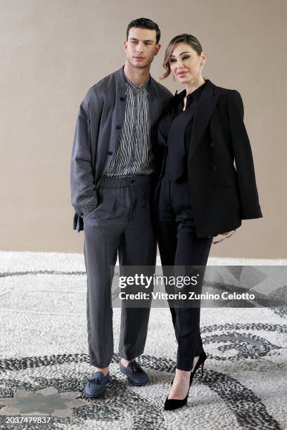 Mattia Narducci and Anna Tatangelo attend the Giorgio Armani fashion show during the Milan Fashion Week Womenswear Fall/Winter 2024-2025 on February...