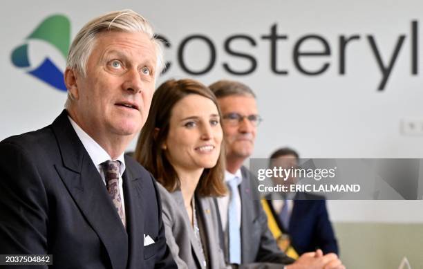 King Philippe of Belgium next to CEO Ecosteryl Amelie Matton during a royal visit to Ecosteryl as part of the king's focus on the circular economy...