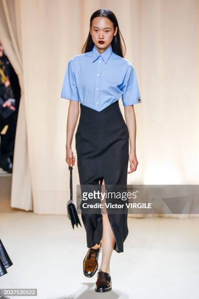 Model walks the runway during the Bally Ready to Wear Fall/Winter 2024-2025 fashion show as part of the Milan Fashion Week on February 24, 2024 in...