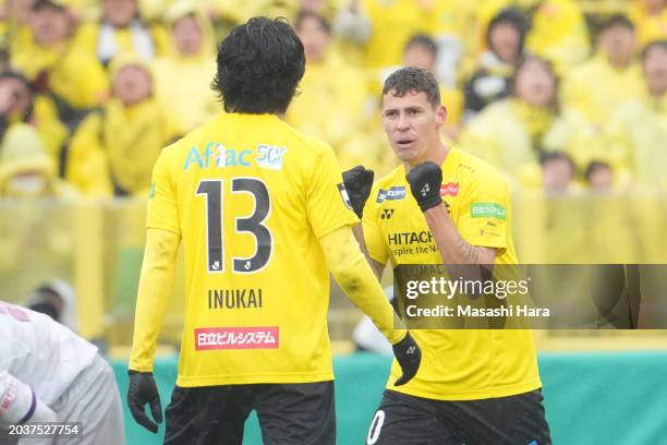 Matheus Savio of Kashiwa Reysol celebrates the first goal during the J.LEAGUE MEIJI YASUDA J1 1st Sec. Math between Kashiwa Reysol and Kyoto Sanga...