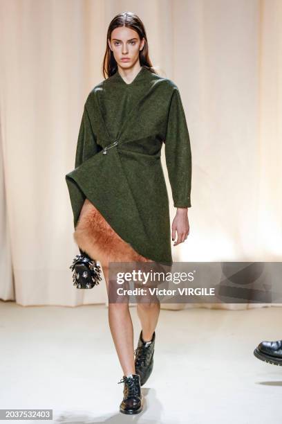 Model walks the runway during the Bally Ready to Wear Fall/Winter 2024-2025 fashion show as part of the Milan Fashion Week on February 24, 2024 in...