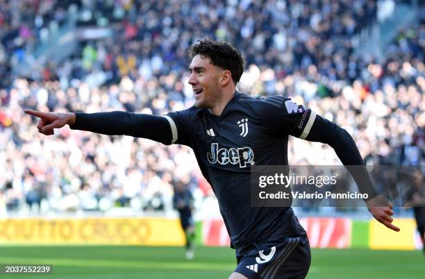 Dusan Vlahovic of Juventus celebrates scoring his team's first goal during the Serie A TIM match between Juventus and Frosinone Calcio at Allianz...