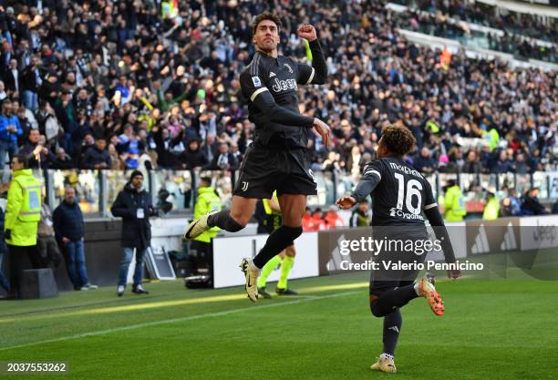 Dusan Vlahovic of Juventus celebrates scoring his team's first goal with teammate Weston McKennie during the Serie A TIM match between Juventus and...