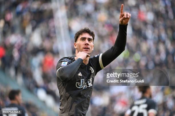 Dusan Vlahovic of Juventus FC celebrates a goal during the Serie A TIM match between Juventus and Frosinone Calcio at Allianz Stadium on February 25,...