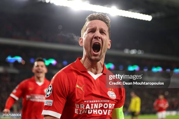 Luuk de Jong of PSV celebrates scoring his teams first goal of the game from the penalty spot during the UEFA Champions League 2023/24 round of 16...