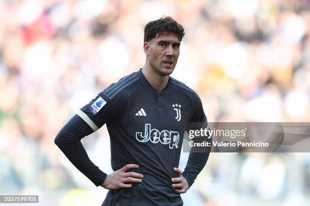 Dusan Vlahovic of Juventus looks on during the Serie A TIM match between Juventus and Frosinone Calcio at Allianz Stadium on February 25, 2024 in...