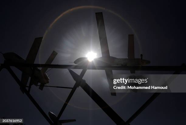 Mock drones and missiles are displayed at a square in solidarity with Palestinians and against the USA-led aerial attacks on Yemen, on February 25 in...