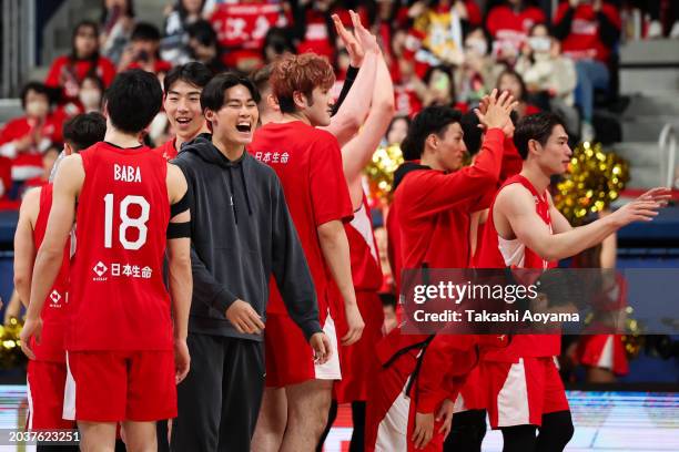 Team Japan celebrate the victory after the FIBA Basketball Asia Cup qualifier Group C game between Japan and China at Ariake Coliseum on February 25,...