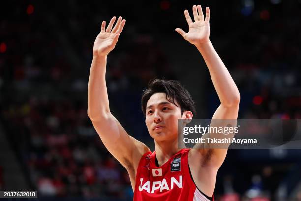 Yuki Kawamura of Japan applauds the fans after the FIBA Basketball Asia Cup qualifier Group C game between Japan and China at Ariake Coliseum on...