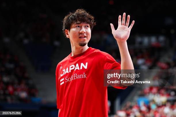 Makoto Hiejima of Japan waves to the fans after the FIBA Basketball Asia Cup qualifier Group C game between Japan and China at Ariake Coliseum on...