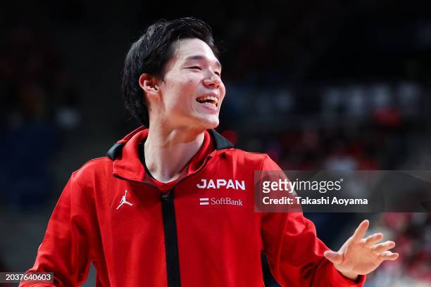 Yudai Baba of Japan waves to the fans after the FIBA Basketball Asia Cup qualifier Group C game between Japan and China at Ariake Coliseum on...