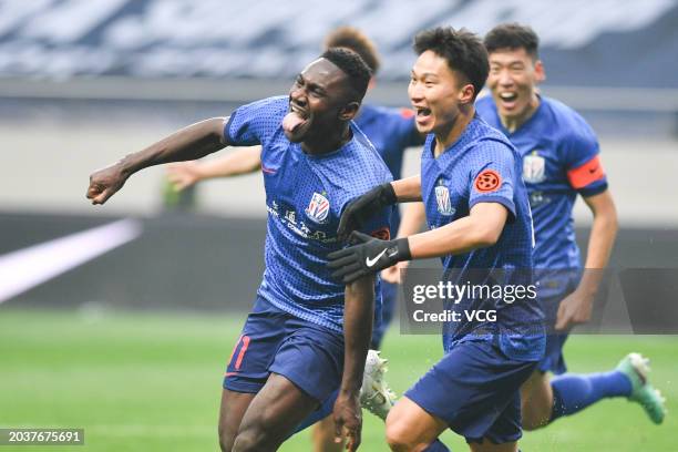 Cephas Malele of Shanghai Shenhua celebrates scoring a goal during the 2024 Chinese Football Association Super Cup between Shanghai Port and Shanghai...